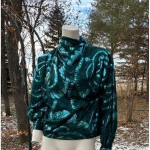 70s Bernard Cowan Liquid Satin Blouse Jacquard Print Green Metallic Mock Neck Sz